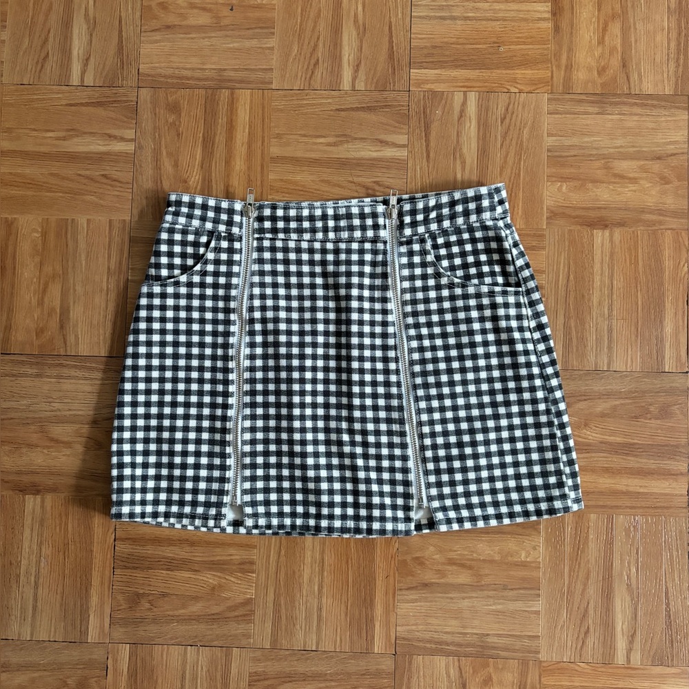 Reformation Black and White Gingham Zip-Front Mini Skirt